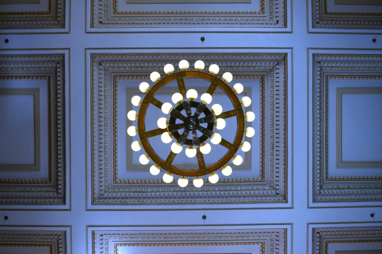 A coffered ceiling painted soft blue around a round light